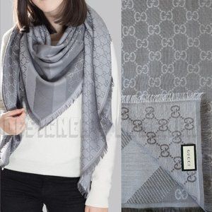 GUCCI 2-tone Steel Gray GGWEB giant 55"-sqr wool/silk pashmina shawl scarf NWT